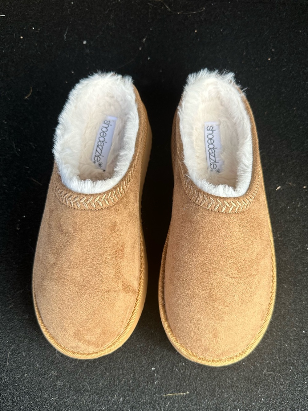 Shoe Dazzle Cozy Faux Suede Slippers in Camel